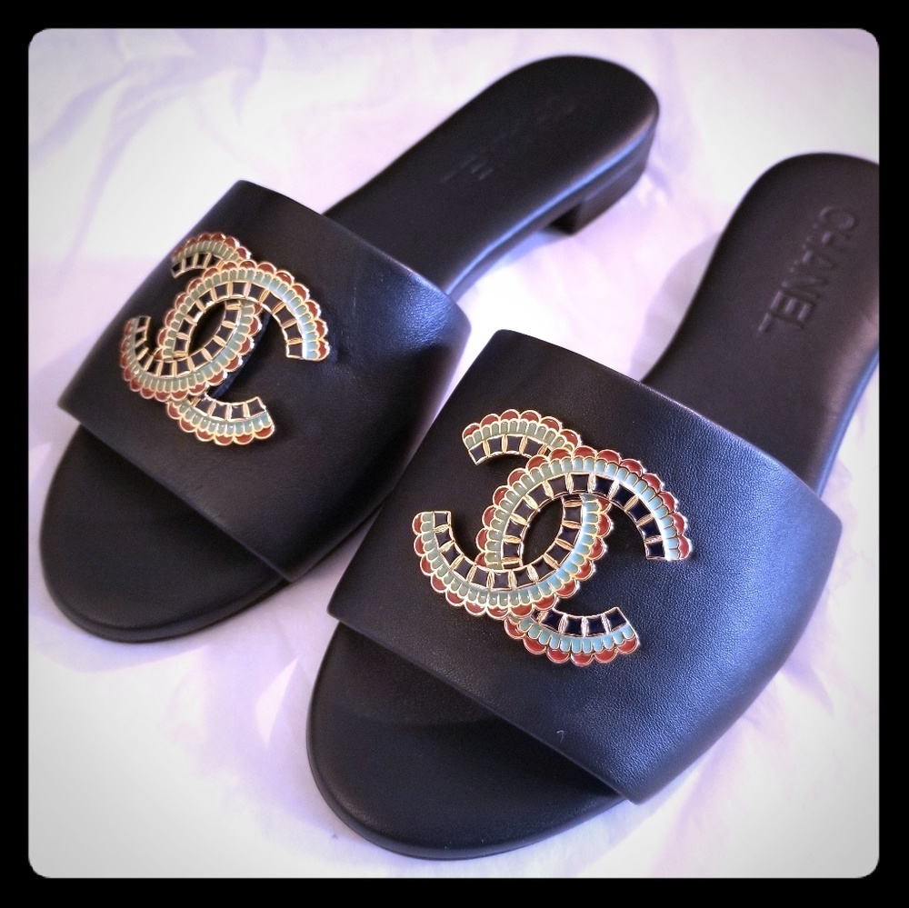 Chanel Multicolor-Metal Logo Mules Slides - NWOB